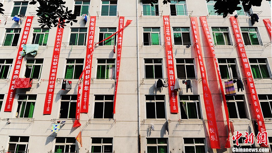 圖為男生宿舍掛起的二十多條橫幅。