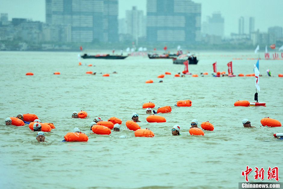 圖為江面上的橫渡方隊(duì)里的選手們劈波斬浪。中新社發(fā) 張暢 攝